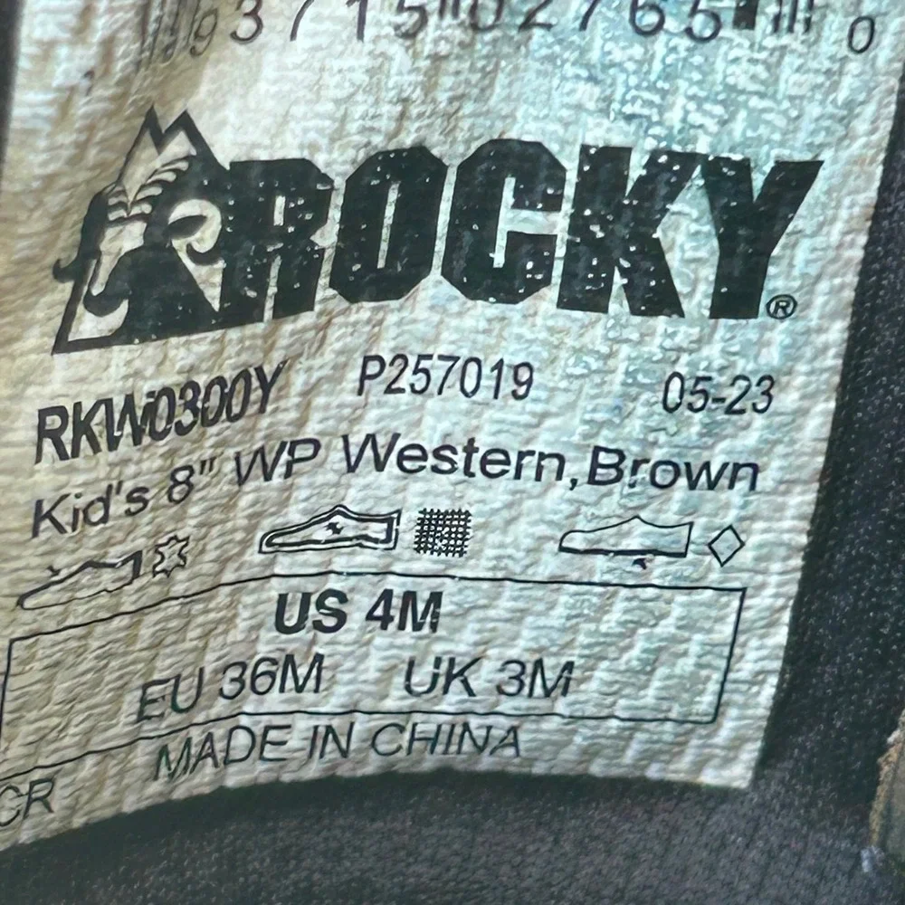 Rocky Kids 8 Inch WP Western Boots Brown Leather Waterproof RKW0300Y‎ Size 4M
